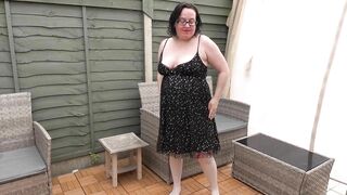 Big Tits wife in Black party dress and white Holdup stockings