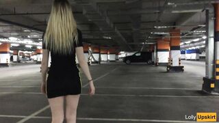 Petite girl lift up miniskirt without panties in the mall parking