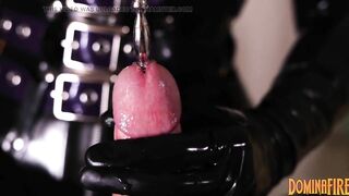 Latex Mistress Sounding and Milking Her Chastity Slave