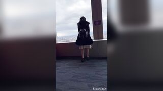 POV Japanese goth girl with remote sex toy in public downtown