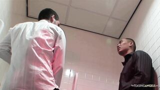 Blonde slut fucking with two horny guys in the public bathroom