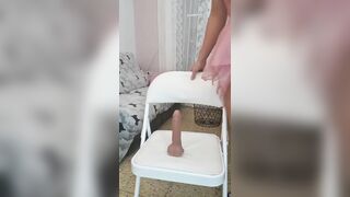 Blue-eyed blonde in lingerie masturbates on top of a chair and starts riding ,ass riding,,big clitoris, big tits