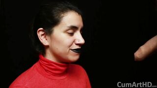 CFNM - Red Turtleneck, Black Lips - Handjob + Cum Mouthful + Cum on Clothes