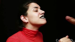 CFNM - Red Turtleneck, Black Lips - Handjob + Cum Mouthful + Cum on Clothes