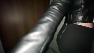 Fuck stranger girl straight in the ass after party in leather jacket