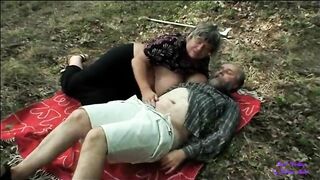 The girl looking for sees an older lady with big tits fucking with her old husband and gets very horny