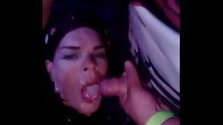 Crossdresser became the naughty whore of the male at the carnival and was broken into and took a lot of milk in the face