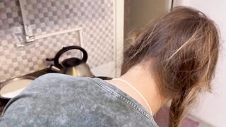 Dormmate-girl gets cum in mouth and hair while there is no one in the kitchen except us