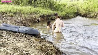 Outdoor sex sunbathing by the river I put two hot girls to suck and tore them both cumming inside