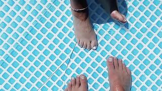 Cleaning the pool while barefoot