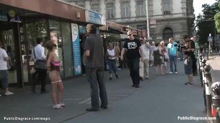 Natural big boobs brunette Romanian slave Alice Romain is humiliated in public streets then tied rough anal fucked by huge cock master Steve Holmes