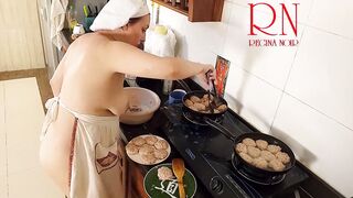 Nudist housewife Regina Noir cooks at the kitchen. Naked maid. Naked housewife. s3