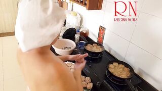 Nudist housewife Regina Noir cooks at the kitchen. Naked maid. Naked housewife. s3