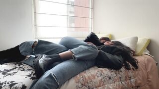 Two slutty lesbians fuck in leather jackets and boots.