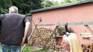 German bunny slut rides a big cock outdoor!
