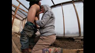 Farmer's Wife with Rubber Boots Sucks a Cock in the Greenhouse