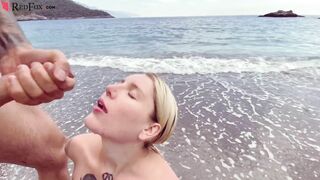 Blonde Deep Sucking and had Cowgirl Sex on the Beach - Cumshot