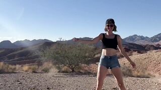 Wife fucked / spit roasted by two guys and receives creampie on public road in the Nevada desert