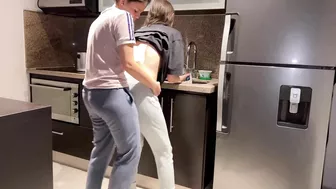 Wife fucked hard with tongue while washing dishes in the kitchen, getting her to cum before her step