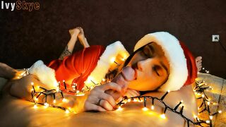 Christmas sexy santa gives a present: blowjob, footjob and cum on face