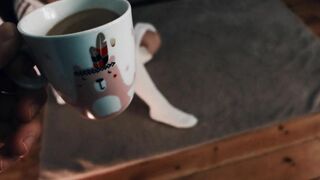 Winter dailysex. Sexy wife in socks drinking coffee. I think about her big breasts and thighs.