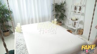 Fake Hostel - Lesbian threesome with hot natural babes after massage with pussy eating to orgasms