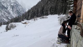 Couple HIDE TO FUCK while hiking IN THE SNOW,mountain forest and birdsong, romantic intimate love