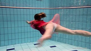 Firm big tits and red dress underwater on Duna Bultihalo