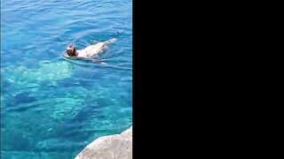 nippleringlover horny milf extreme pierced nipples and pussy swimming naked at public beach
