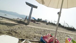 nippleringlover at public beach flashing pierced tits and pierced pussy with big nipple & labia ring