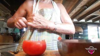 nippleringlover flashing pierced nipples with big heavy nipple ring stretching nipple while cooking
