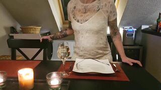 Hot milf masturbates her pussy to orgasm at the dining table