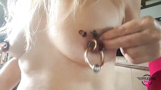 nippleringlover topless at home fake tattoos on pierced nipples - pierced tits - big nipple rings