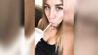 Beauty Paulina with big tits sucks big dildo deep throat after drinking coffee - Solo