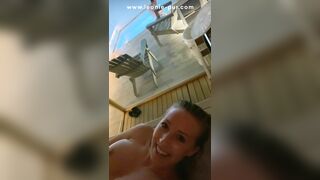 Public orgasm in the sauna! Wet pussy fingered