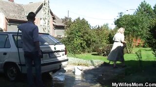 He doggy-fucks old girlfriends mother outdoors