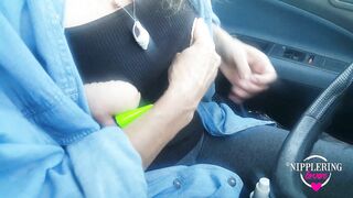 nippleringlover pierced tits stretched nipple piercings bound with handcuffs on steering wheel