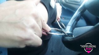 nippleringlover pierced tits stretched nipple piercings bound with handcuffs on steering wheel