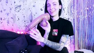 Tattooed girl receives package reviews huge realistic rildo unboxing