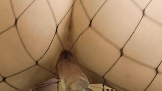 Horny babe in tights rides 7 inch dildo close up POV