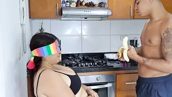 I play with my stepmother in the kitchen and I put my cock in her mouth.