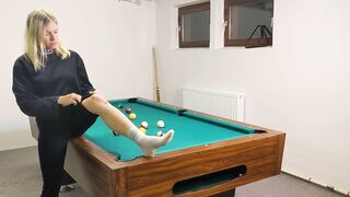 Barefeet throat job on the pool table