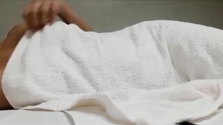Sexy tiny asian petite girl in bed after shower - towel drop revealing parky small dark hard nipples