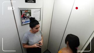 two hot girls stuck in the elevator having public sex