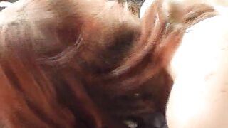 Slim and horny German redhead eating cum in POV