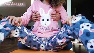 stepbrother petting small tits and wet pussy in pajamas