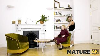 MATURE4K. Admirable twosome of mature woman in stockings and interviewer