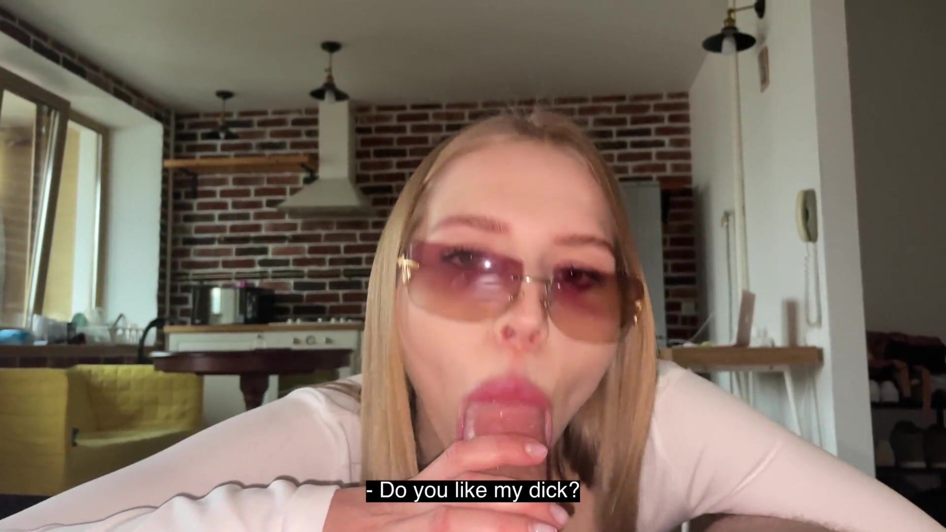 Pretty whore sucks dirty in her glasses